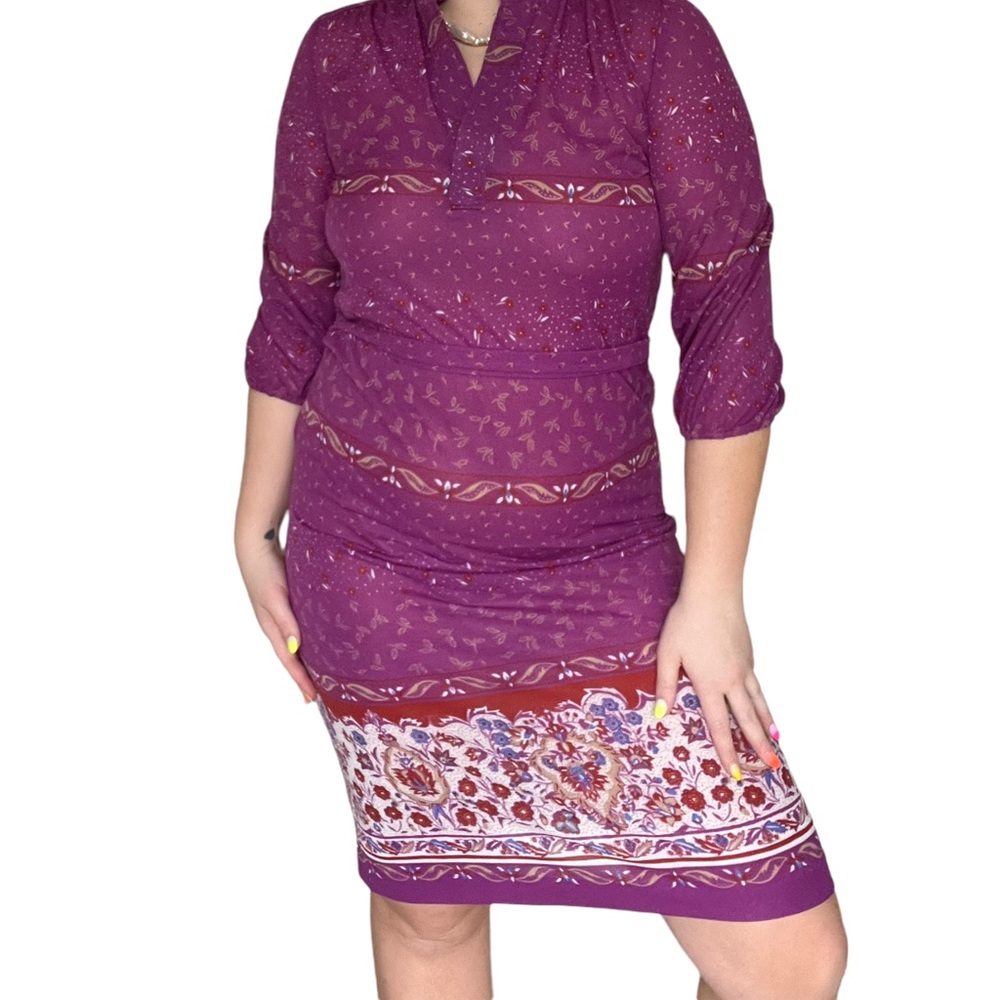 70s purple printed tie midi dress